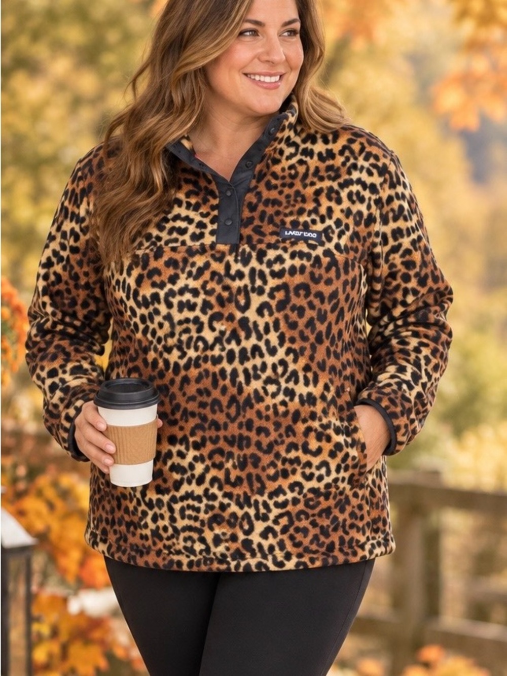 Lands' End Heritage Fleece Pullover XL 18 Leopard Animal Print Snap Neck Cozy